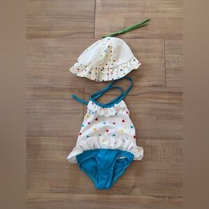 Sears Kids One Piece Swimsuit with Colorful Hearts and Hat